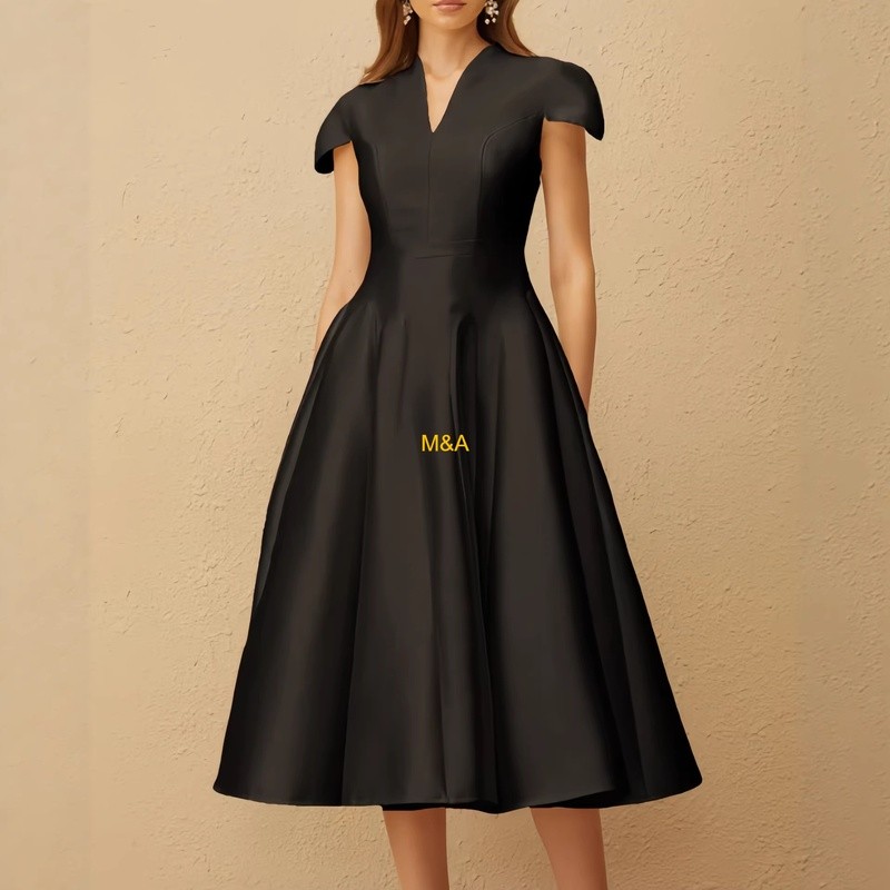 [M&A] Váy chữ A phong cách Audrey Hepburn màu đen, cổ chữ V thanh lịch, dáng body ôm gọn