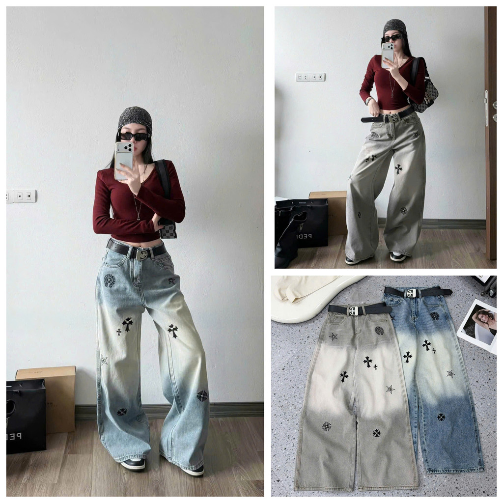 [Follow shop nhận mã 10k] Quần dài jeans denim bò suông loang kèm đai Meo Meo Shop QD1305 8557