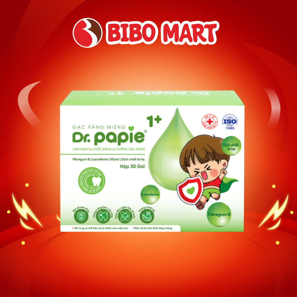 Gạc Rơ Lưỡi Dr.Papie 1+ Làm Sạch Răng Miệng Lưỡi Nướu, Chống Sâu Răng Cho Bé Từ 1 Tuổi Hộp 30 Gói