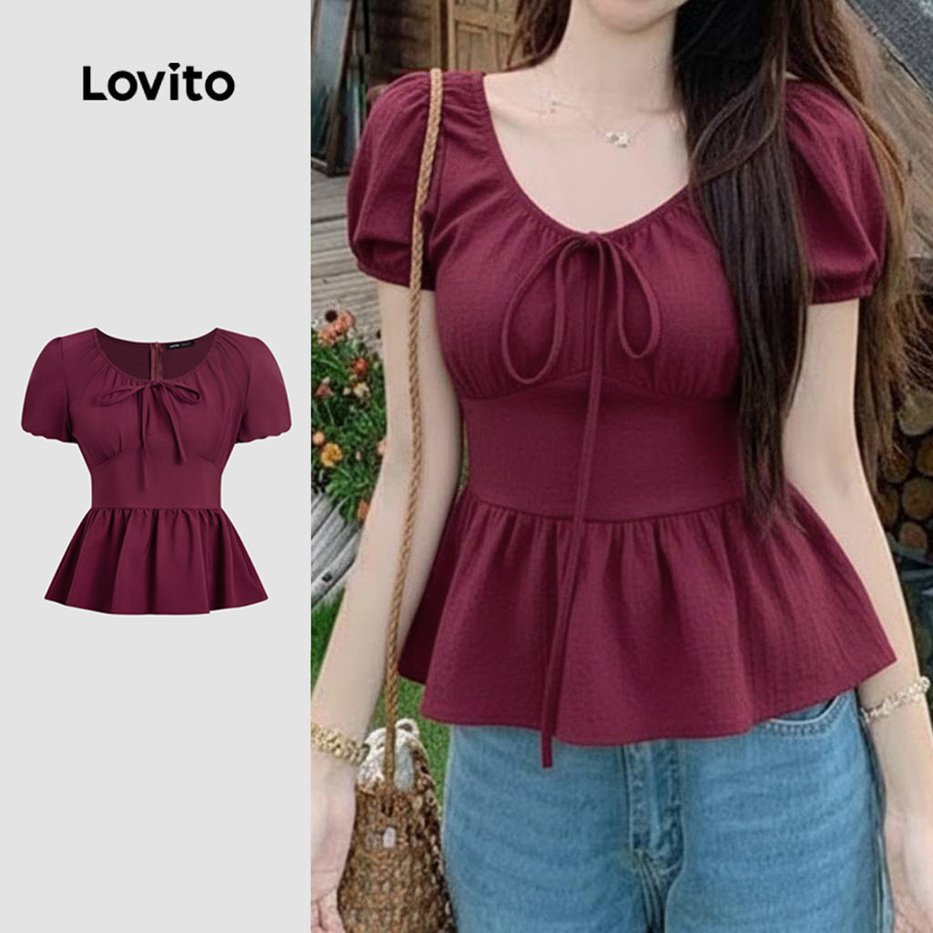 Lovito Áo Kiểu Thường Ngày Áo Sơ Mi Dự Tiệc Màu Đỏ Thắt Dây Áo Sơ Mi Trắng Mùa Xuân/hè Cho Nữ LK2ED1