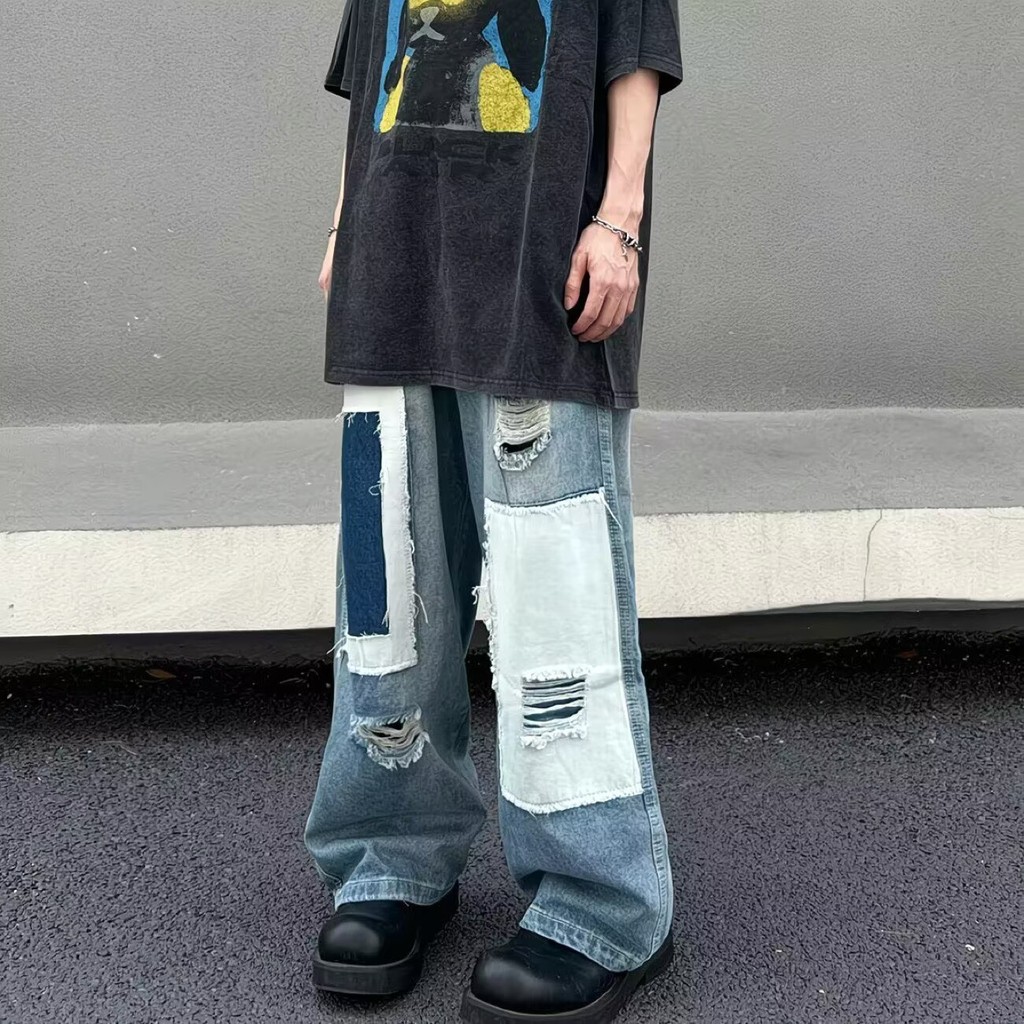 quần jean nam， quần bò nam，áo boy phố，Drew Quần Jean Ống Rộng Dáng Suông Họa Tiết Mặt Cười Haili Miế