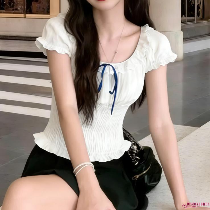 Demonlores-Trắng Ren Ruffle Top Coquette Puff Tay Crop Top Áo Sơ Mi Nữ