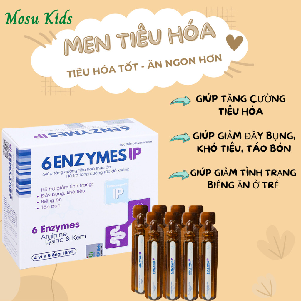 Men tiêu hóa 6 Enzymes IP hỗ trợ tăng cường tiêu hóa với 6 loại enzymes thiết yếu giúp bé ăn ngon, t