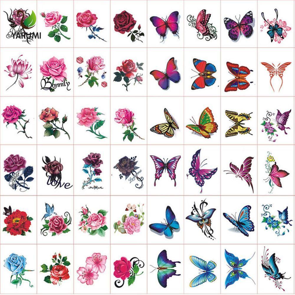 ALISON - Miếng Dán Hình Xăm Tạm Thời Nhiều Màu Sắc, Chống Thấm Nước, Họa Tiết 3D Bướm và Hoa