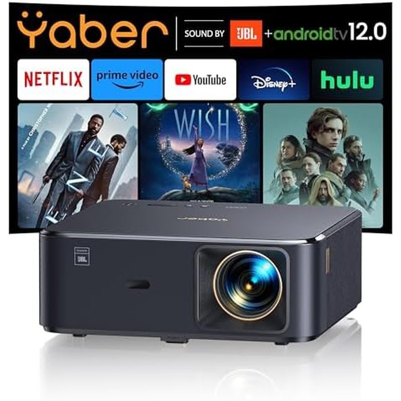 Máy chiếu 4K với Google TV, Máy chiếu Bluetooth YABER K2s WiFi 6, Âm thanh của JBL, Âm thanh Dolby, Tự động lấy nét &amp; Keystone, Máy chiếu phim ngoài trời được hỗ trợ 1080P 4K bản địa với Ne