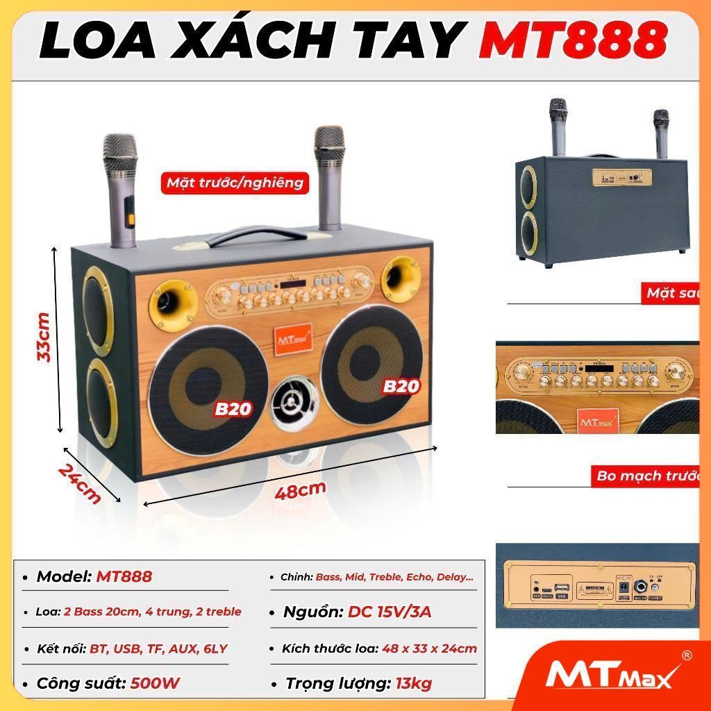 Loa Xách Tay Karaoke MTMAX MT888 Bass Đôi 20,4 Treb, 2 Trung Công Suất 500W - Đi Kèm 2 Micro UHF