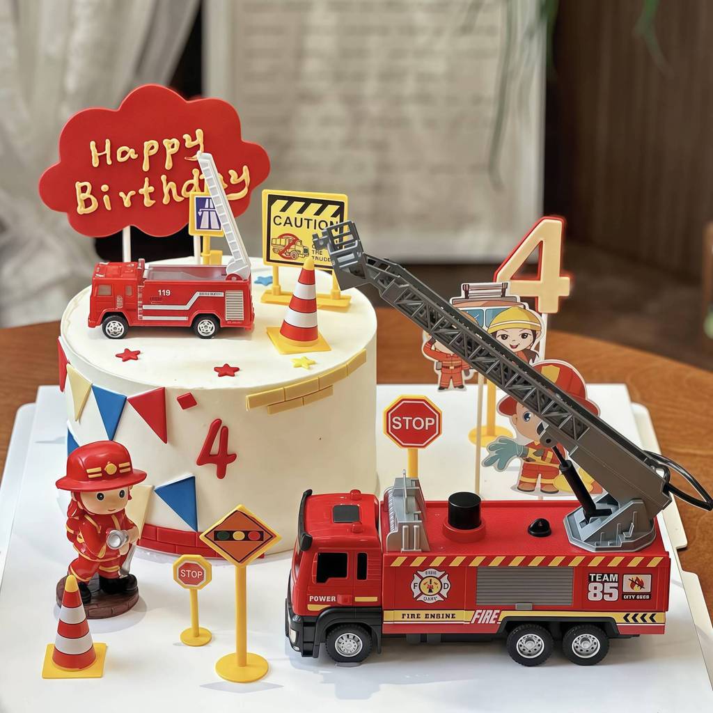 baoluan#Firefighter-themed birthday cake decorations ladder, fire truck, road signs, street signs, c