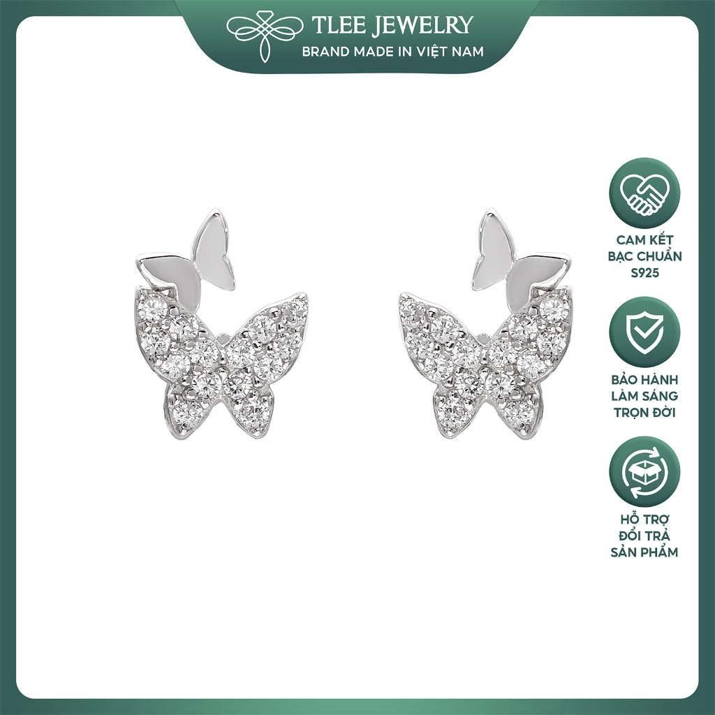 Bông tai bạc nữ TLEE JEWELLERY B0160 - Thiết kế đôi cánh bướm đính đá đẹp