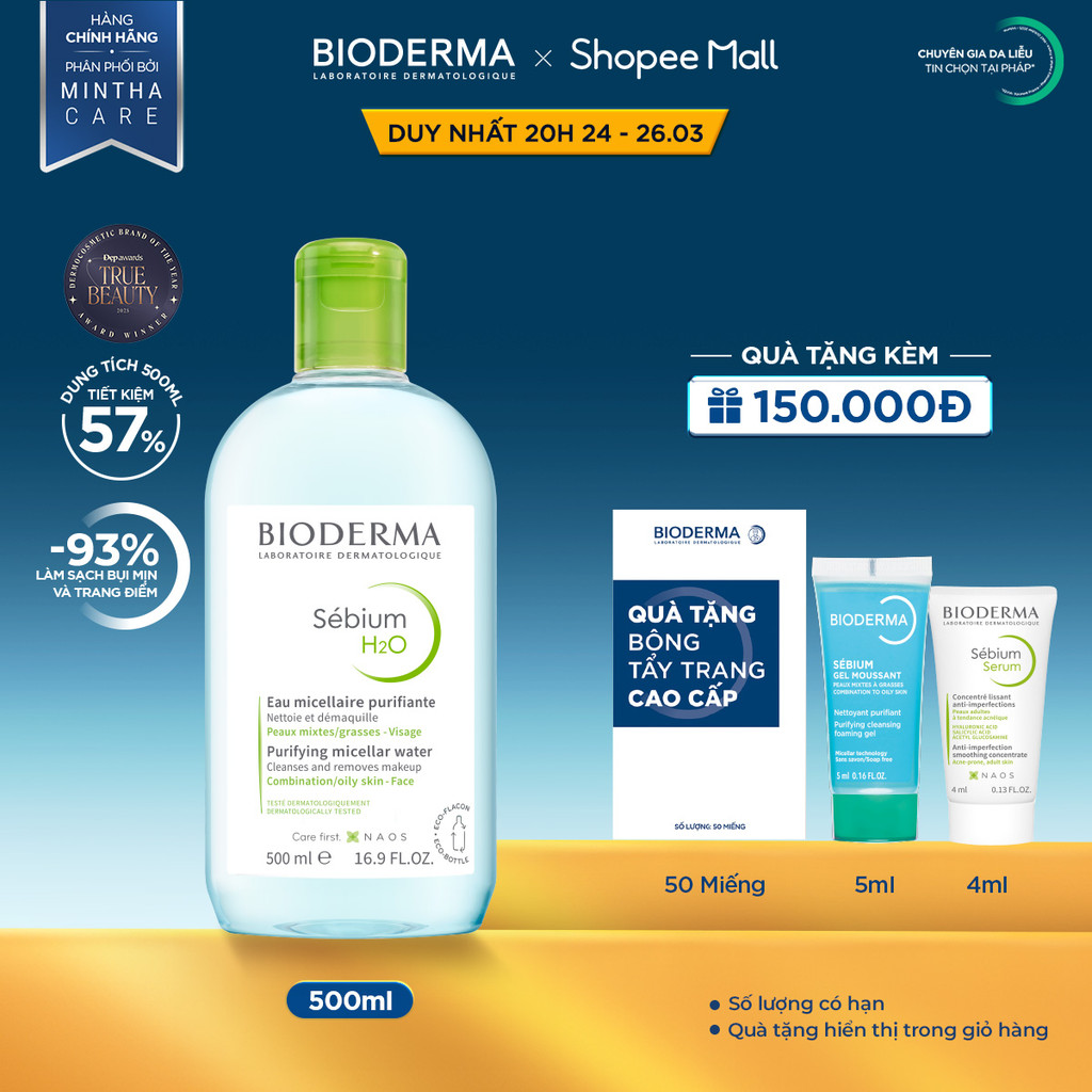 Dung dịch làm sạch và tẩy trang công nghệ Micellar cho da hỗn hợp, da dầu, và da mụn Bioderma Sebium H2O - 500ml