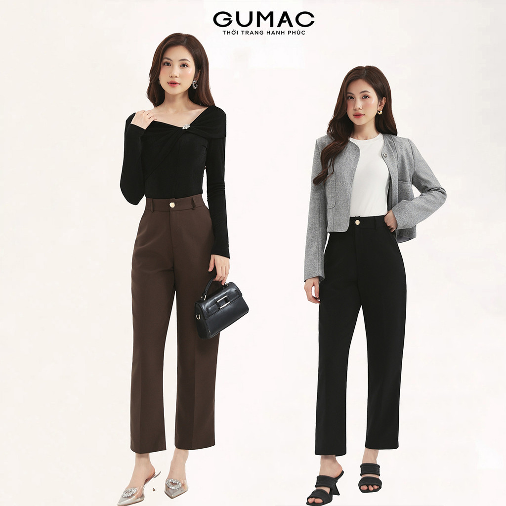 [Size XS - XXL] Quần tây nữ ống đứng GUMAC dài 91cm công sở baggy khuy nút vàng chất liệu tuyết mưa 