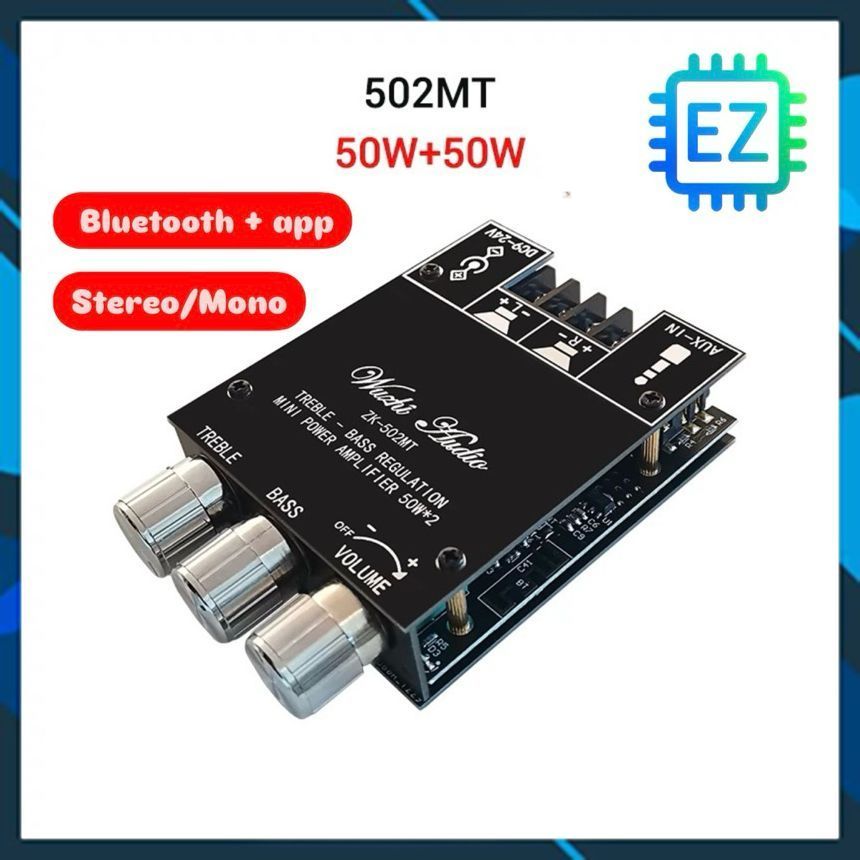 ZK-502MT (có mod Mono) mạch khuyếch đại âm thanh 2.0 50W*2 Bluetooth + app điện thoại, 12-24VDC