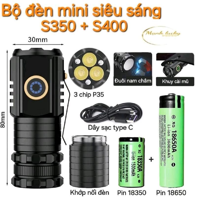 Đèn Pin Mini Siêu Sáng s350+s400 bản nâng cấp 2 pin đi kèm. nhỏ gọn tiện dụng. kháng nước đi mưa