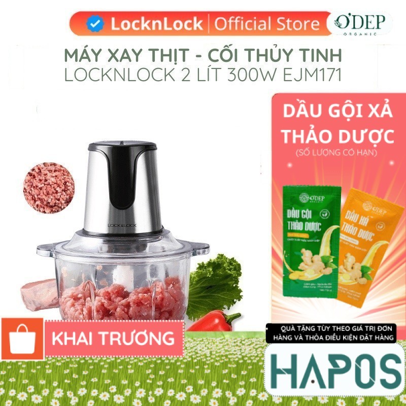 Máy xay thịt cối thủy tinh LocknLock 2L đa năng lưỡi dao sắc, 2 cấp độ xay mịn và nhanh chóng EJM171
