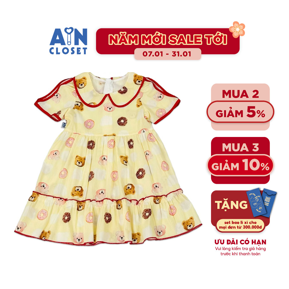 Đầm bé gái họa tiết Gấu Donut Vàng cotton - AICDBGOPFCRA - AIN Closet