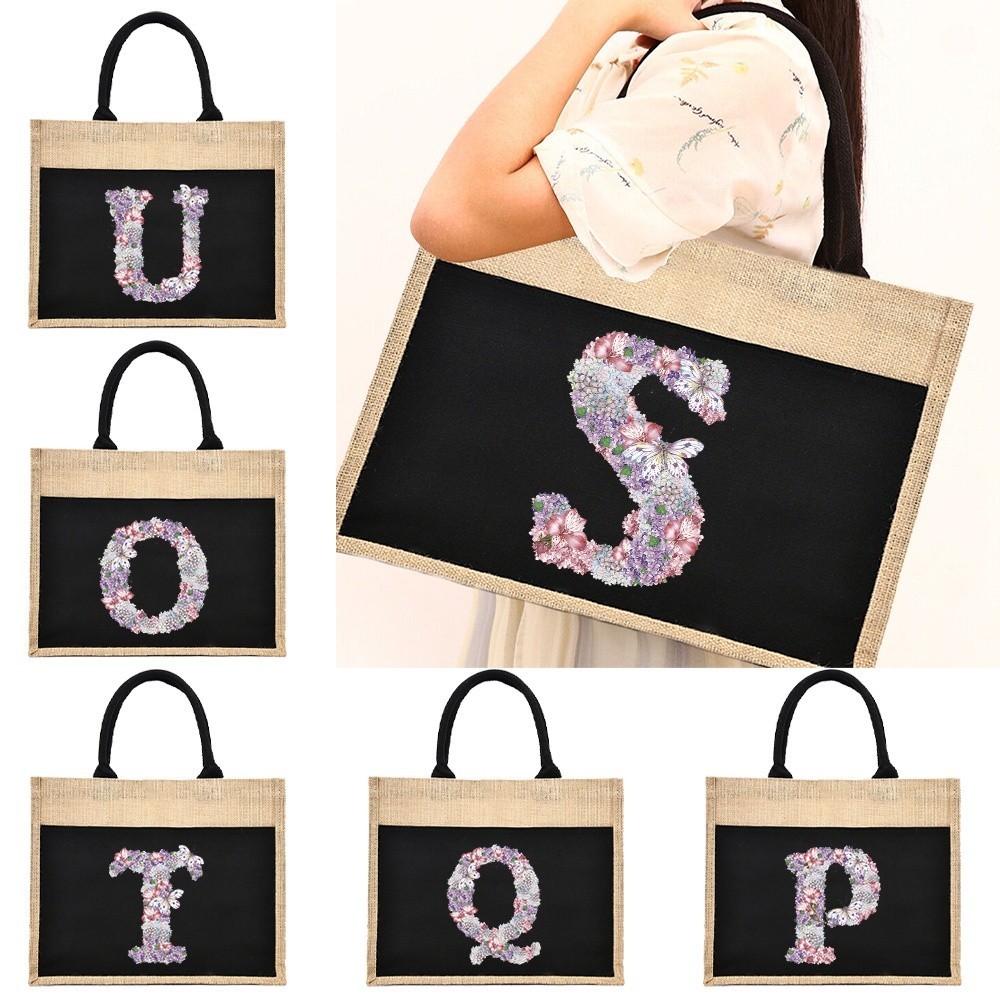 Jute Bag Shoulder Travel Storage Bag Jute Linen Picnic Bag Shopping Handbag Laminated Pouch Letters 