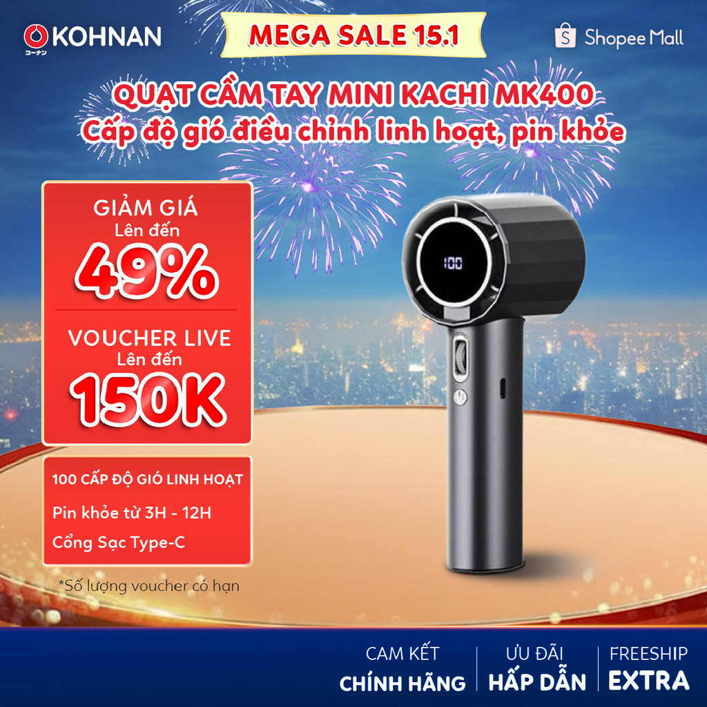 Quạt cầm tay mini KACHI MK400 100 cấp độ gió điều chỉnh linh hoạt, pin khỏe từ 3H đến 12H