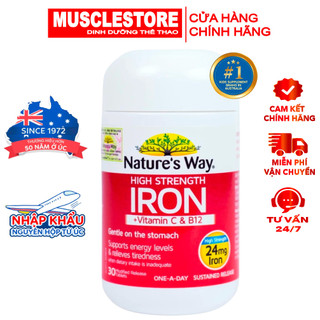 Viên Sắt Bầu Hữu Cơ Nature’s Way High Strength Iron Kết Hợp Vitamin C, B12 Giúp Tăng Chuyển Hóa Năng Lượng