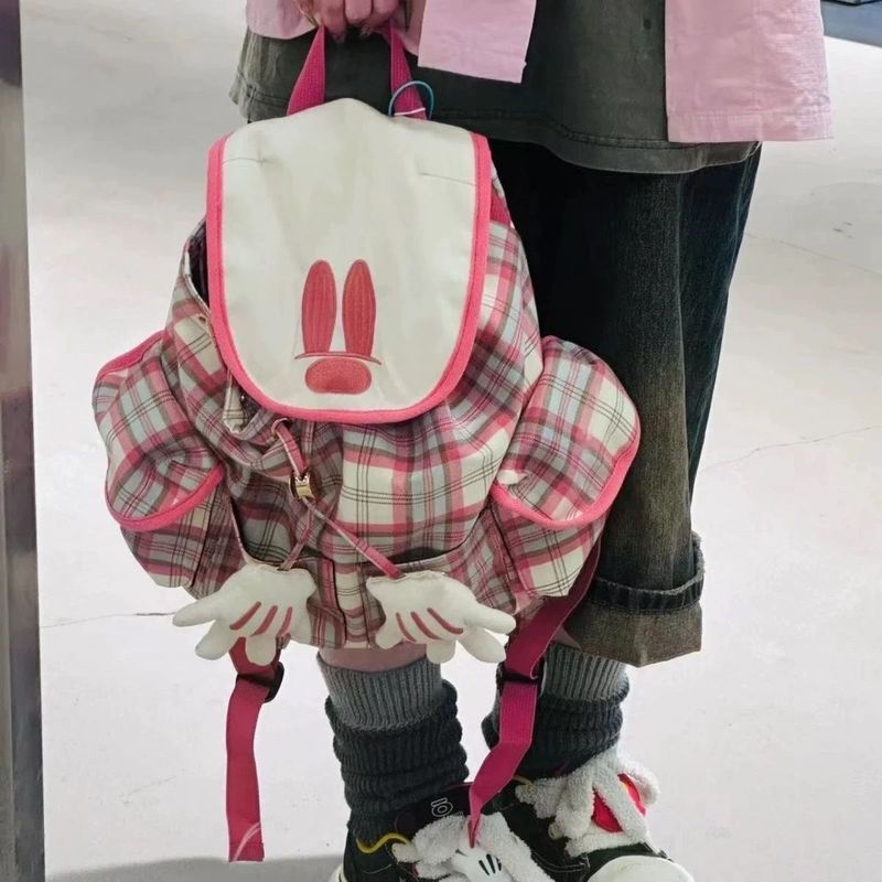 Ba lô chuột Mickey Mickey Mickey Mickey Túi Niche kẻ sọc trắng hồng