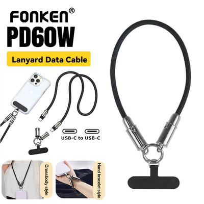 Dây buộc điện thoại Fonken 2 trong 1 Cáp sạc nhanh PD60W USB-C sang Type-C Dây dữ liệu bện Dây đeo điện thoại chống trộm