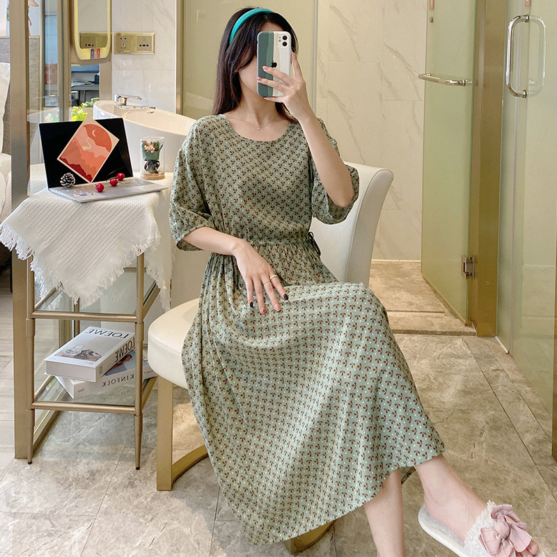 Tay Ngắn Full Person Cotton Silk Nightdress Band-Aid Thắt Lưng Có Thể Thu Vào Hoa Over-the-Knee Váy 