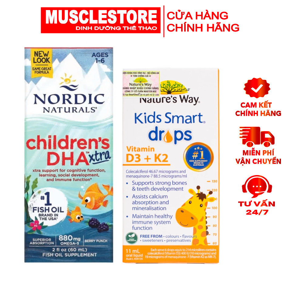 Combo Cao Lớn Thông Minh Cho Bé từ 1 Tuổi Nordic DHA Xtra + Nature's Way D3K2 Chính Hãng