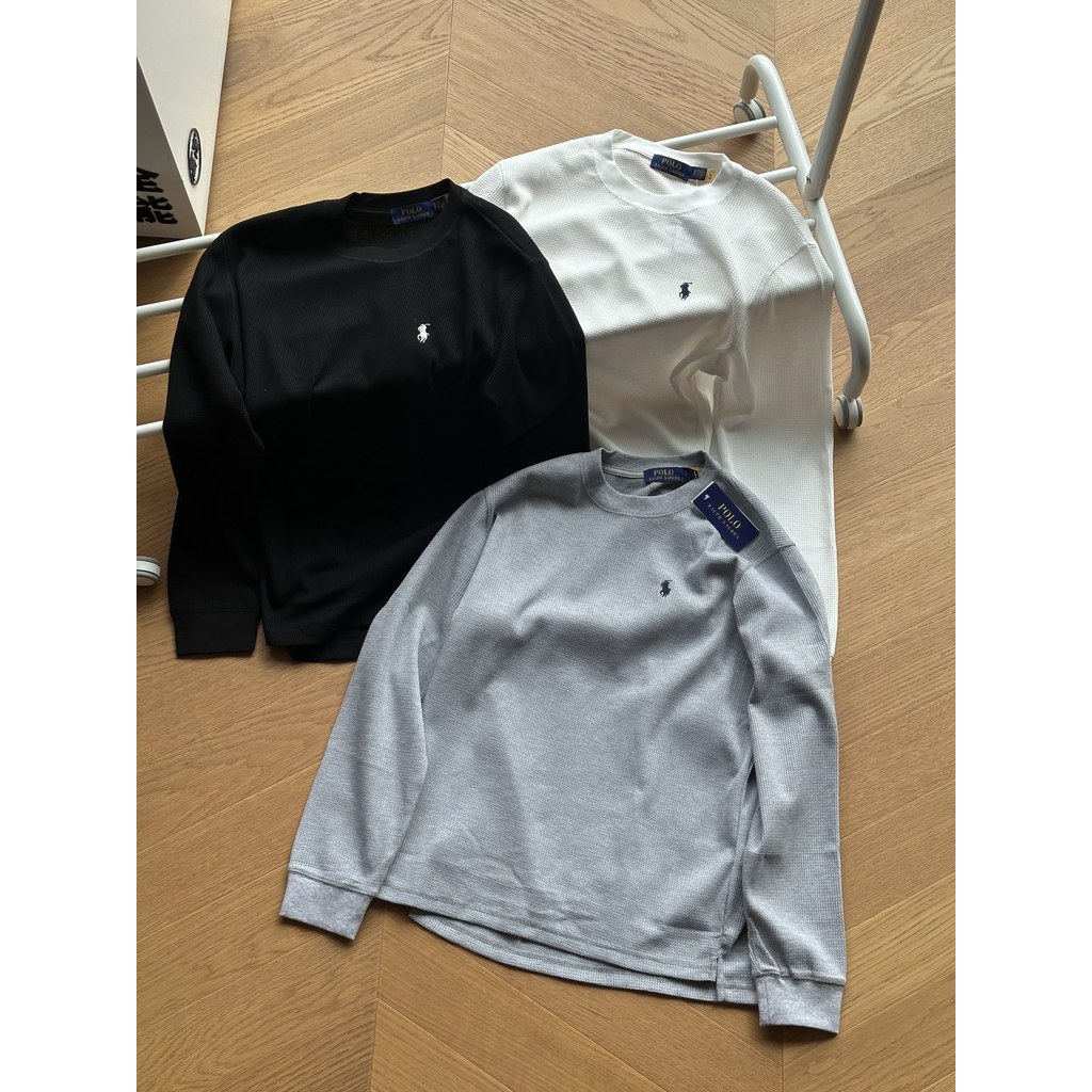 H3YL RL* Classic Waffle Solid Color Crew Neck Pullover Base Shirt Unisex Long Sleeve T Shirt