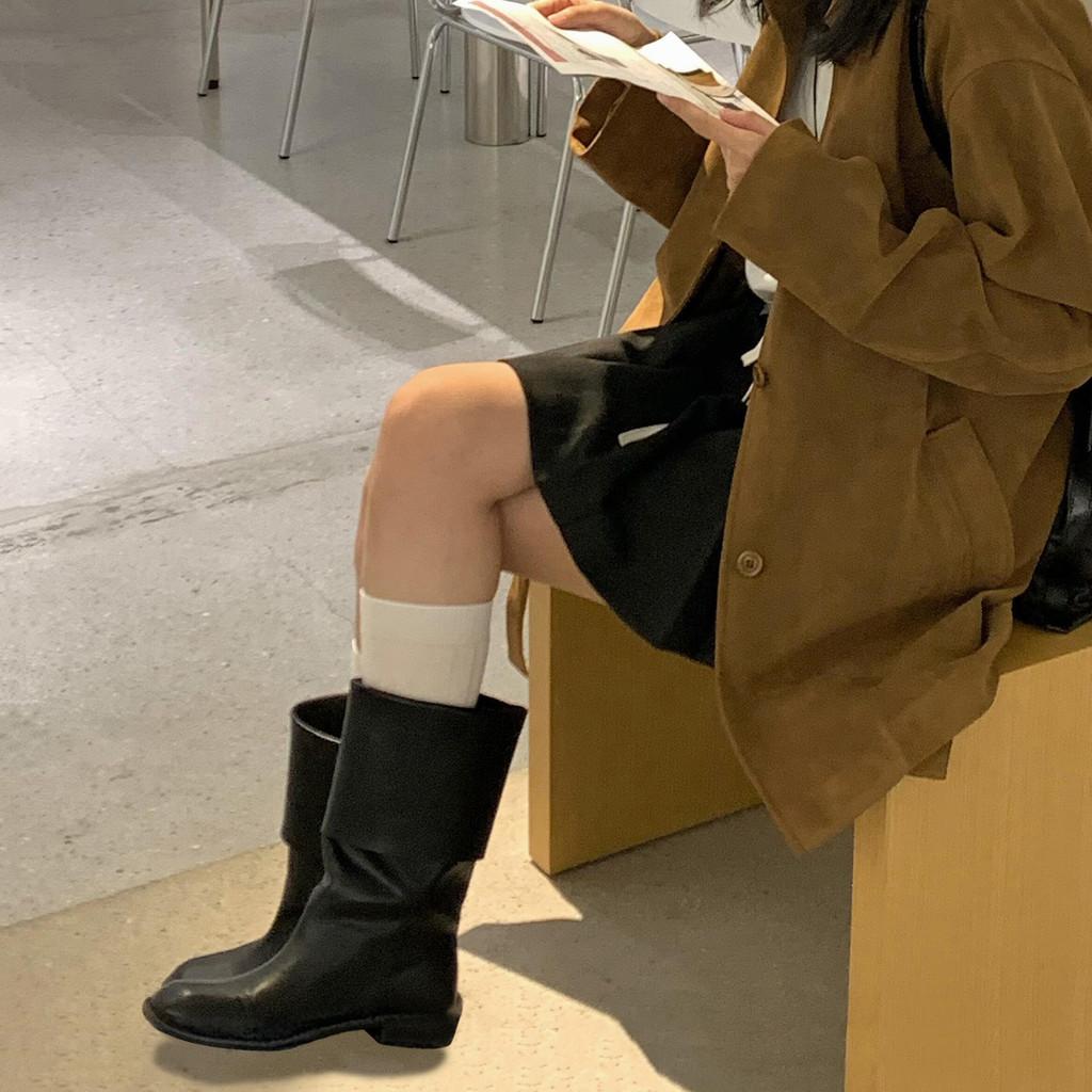 Sheepskin Version~Korean-style genuine leather wide-leg thick-soled Martin boots for women, foldable