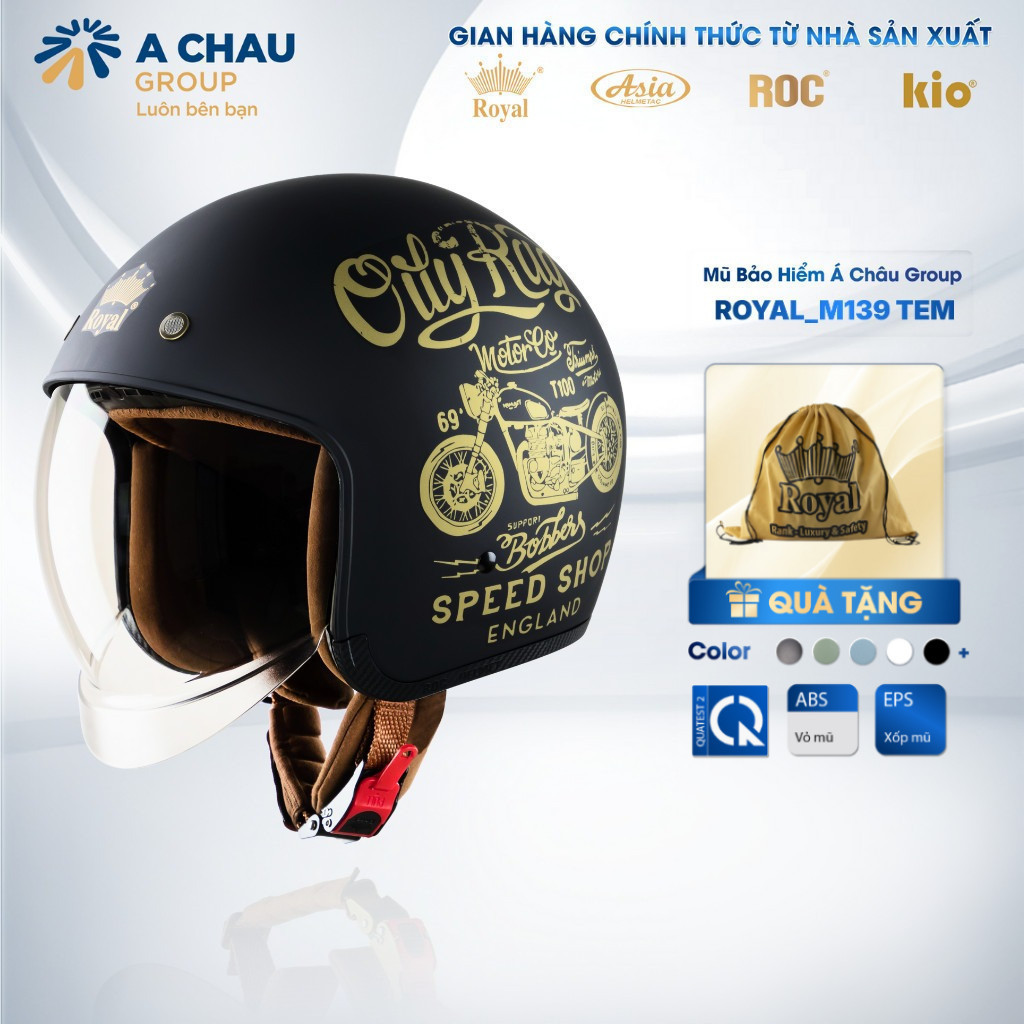 Mũ Bảo Hiểm 3/4 Royal M139 Tem Chính Hãng ,Nón Bảo Hiểm Kính Âm Màu Trà, Hạn Chế UV, Chống Mưa, Bụi