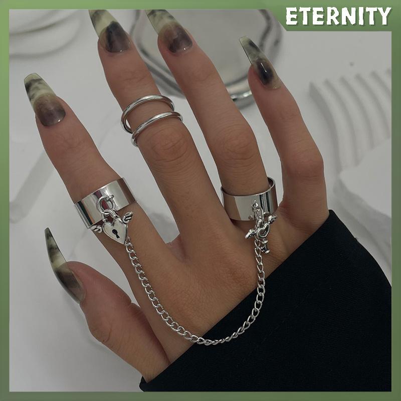 ETERNITY Key Heart Lo Ring Set Women Personalized Chain Two Finger One Piece Ring