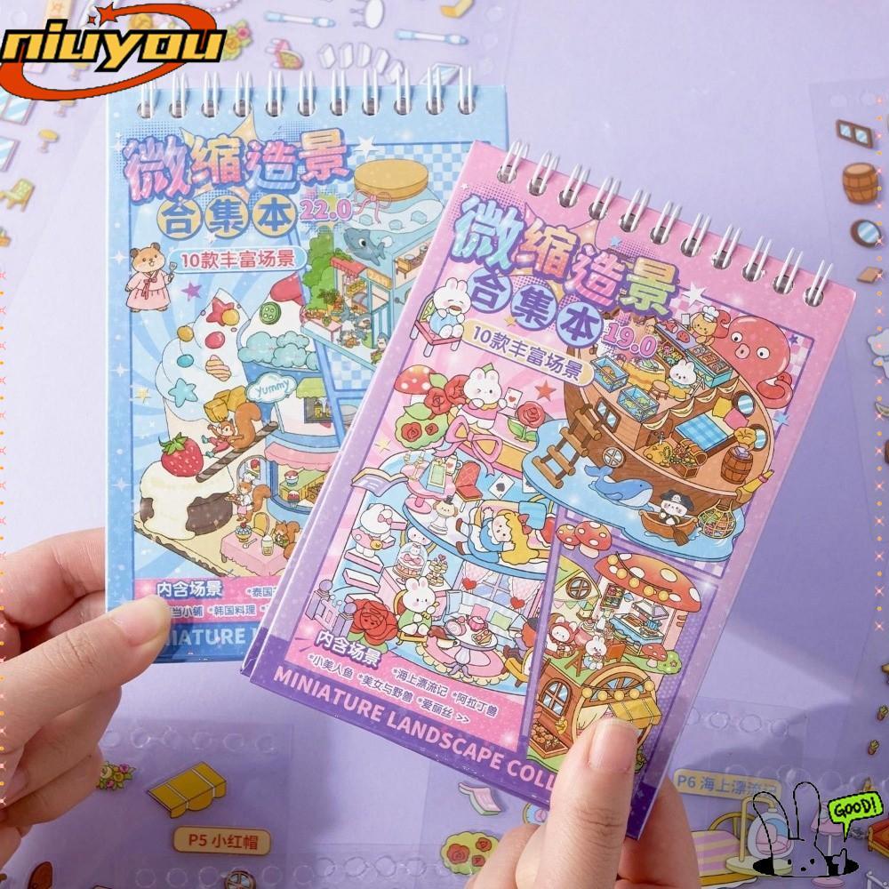 NIUYOU Bộ sưu tập cảnh thu nhỏ, Xếp chồng dán phim hoạt hình Phong cảnh Sticker Book, 10 Sences Cabi