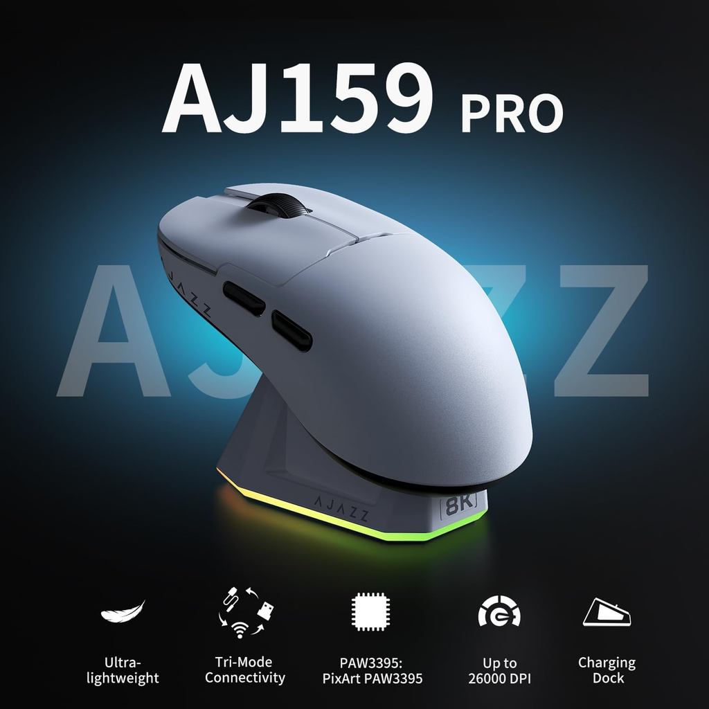 Chuột chơi game không dây AJAZZ AJ159 PRO PAW3395 56g Đế sạc RGB từ tính siêu nhẹ Bluetooth 2.4G 260