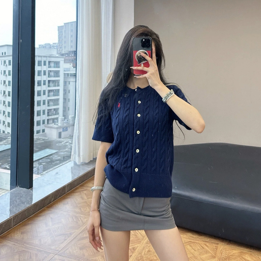 RalphLaur** In-stock cable knit short-sleeve top with pony embroidery, cable knit cardigan