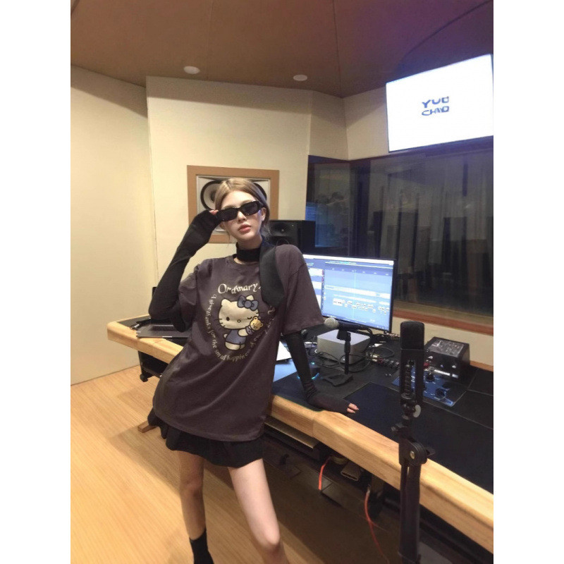 ZUCP ordinary Kim ji-su JISOO Same Style kitty Summer short-sleeve printed loose round-neck shirt T 