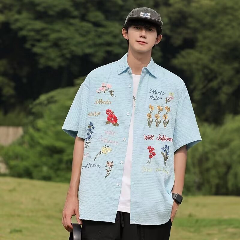 American Style Fresh Waffle Color Floral Embroidered Short Sleeve Shirt Men and Women Loose Vacation