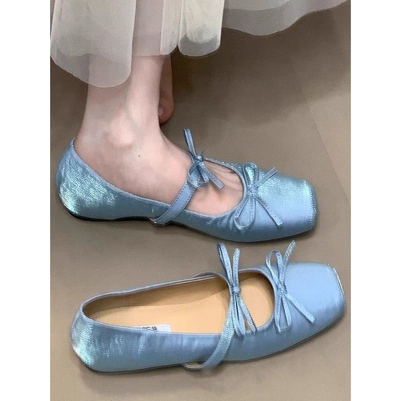 Bên Trong Nâng Cao Nơ Mũi Vuông Giày Ba Lê Nông Miệng Giày Nữ Mùa Hè 2025 Phong Cách Mới Cổ Tích Nhẹ Nhàng Mary Jane Giày / Hạt 3.17