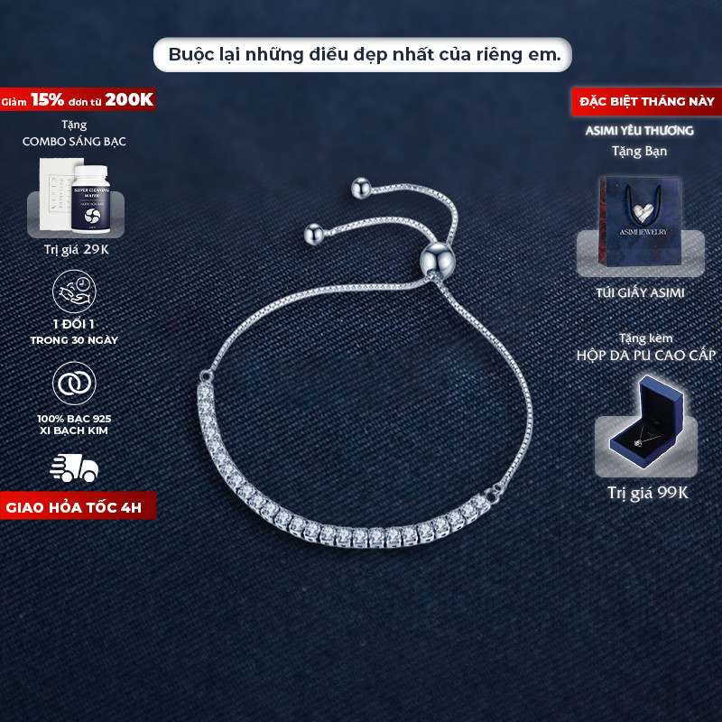 Lắc chân bạc rút chuỗi đá trơn Zircon Asimi, lắc chân bạc Ý 925 xi bạch kim Gem Rope LC03