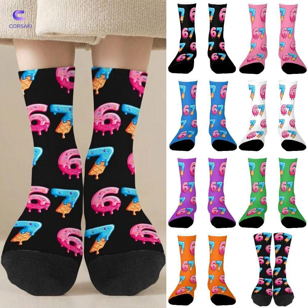 CORSAKI 67 Meme Kem Tất, Hoạt Hình Ấm Áp 67 Meme Crew Tất Dài, Cotton Nhẹ Thoáng Khí Sáng Tạo Vớ Dàn