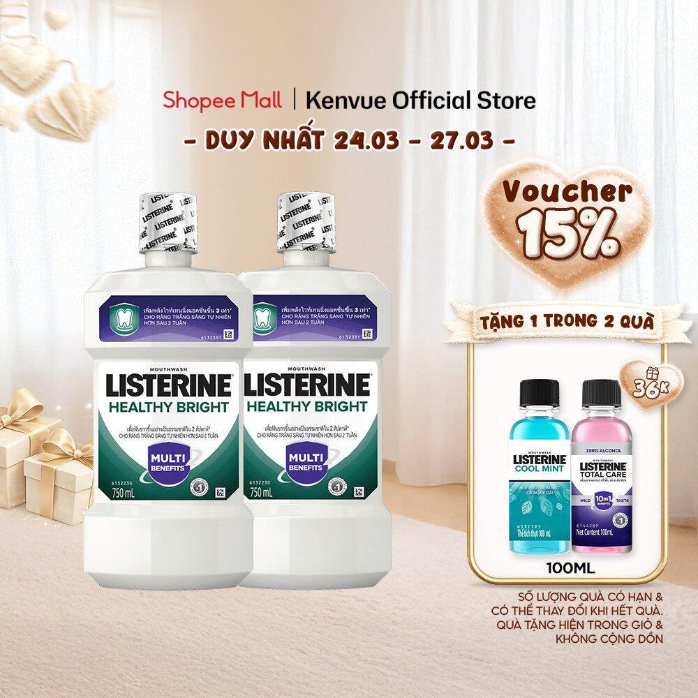 Bộ 2 Nước súc miệng làm trắng răng Listerine Healthy Bright Mouthwash 750ml/chai