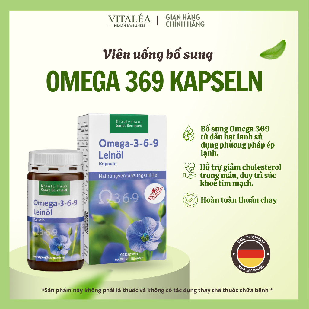 Viên uống Omega 369 giảm mỡ máu, gan nhiễm mỡ, bổ mắt, bổ não, đẹp da 90 viên - Sanct Bernhard Đức