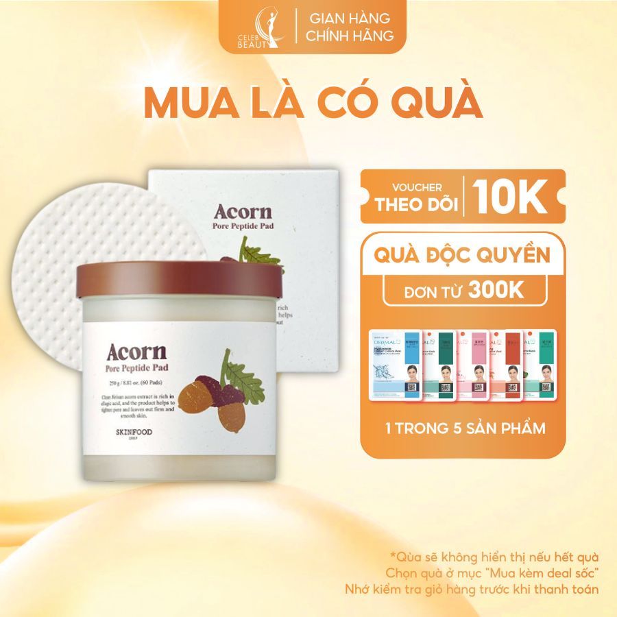 Hộp 60 Miếng Bông Quả Sồi SKINFOOD Acorn Pore Peptide Pad 60 Miếng - Mờ Thâm, Sạch Lỗ Chân Lông