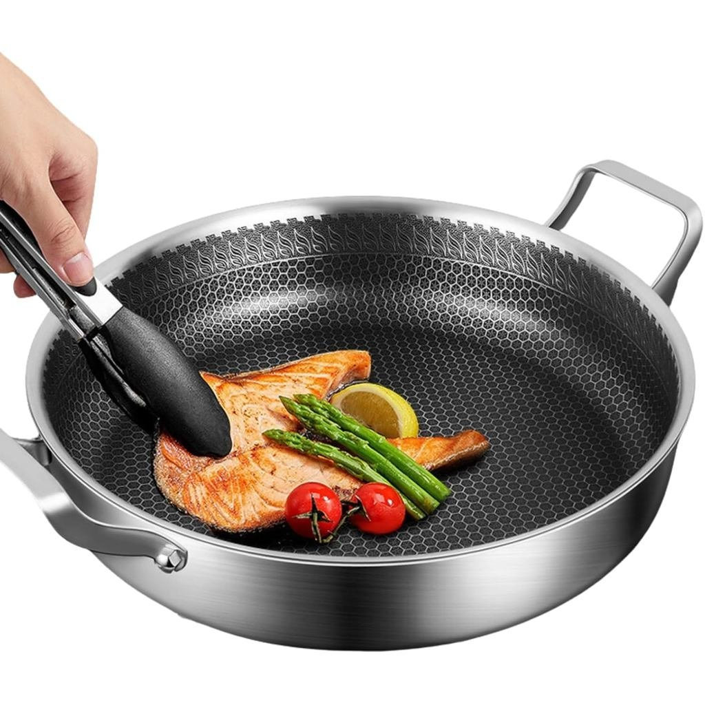 Skillet chống dính có nắp chảo, Chảo thép không gỉ 13,38 inch, dành cho bếp gốm cảm ứng điện khí và 