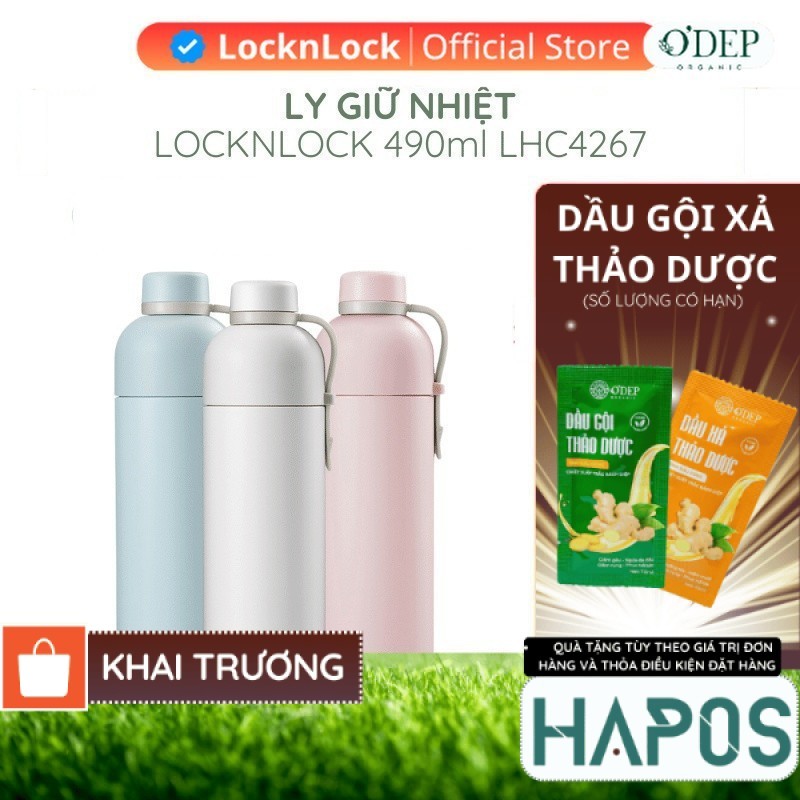 Bình giữ nhiệt LocknLock 490ml Chính hãng màu Pastel hiện đại, có quai xách, giữ nhiệt lâu LHC4267 -