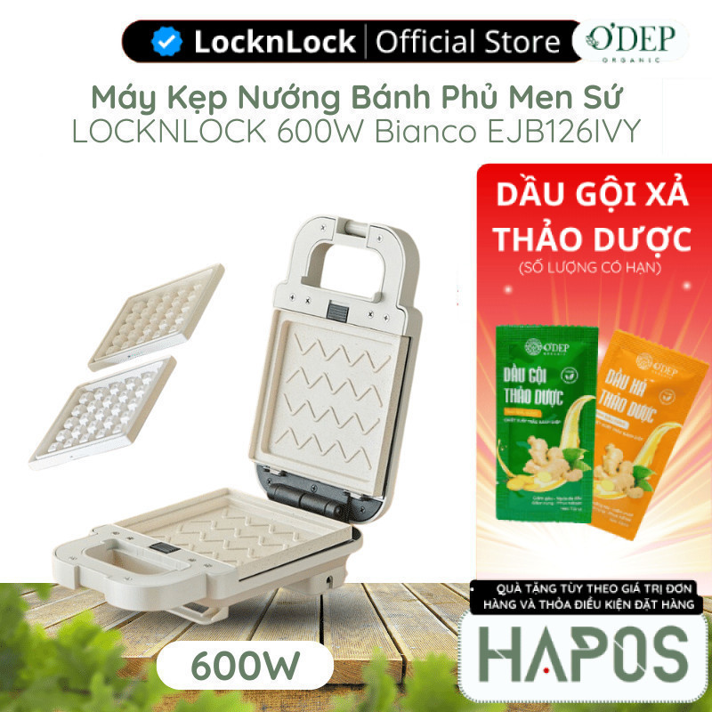 Máy kẹp nướng bánh LocknLock 600W, Hàng chính hãng, phủ men sứ Bianco Sandwich Maker Màu ngà EJB126I