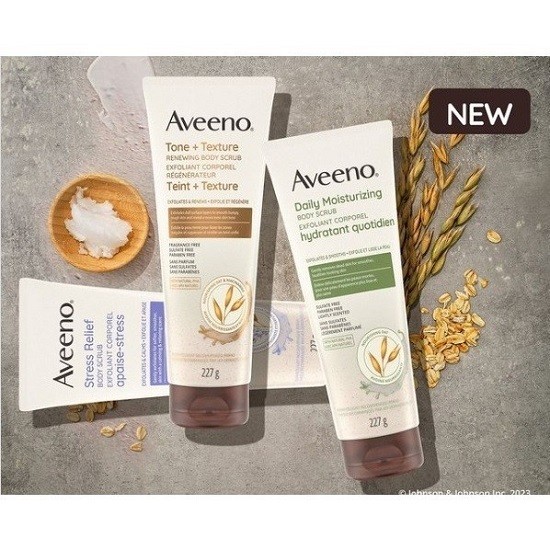 Sữa tắm tẩy tế bào chết & phục hồi Aveeno Tone + Texture Renewing/Stress Relief Body Scrub/Daily Moi
