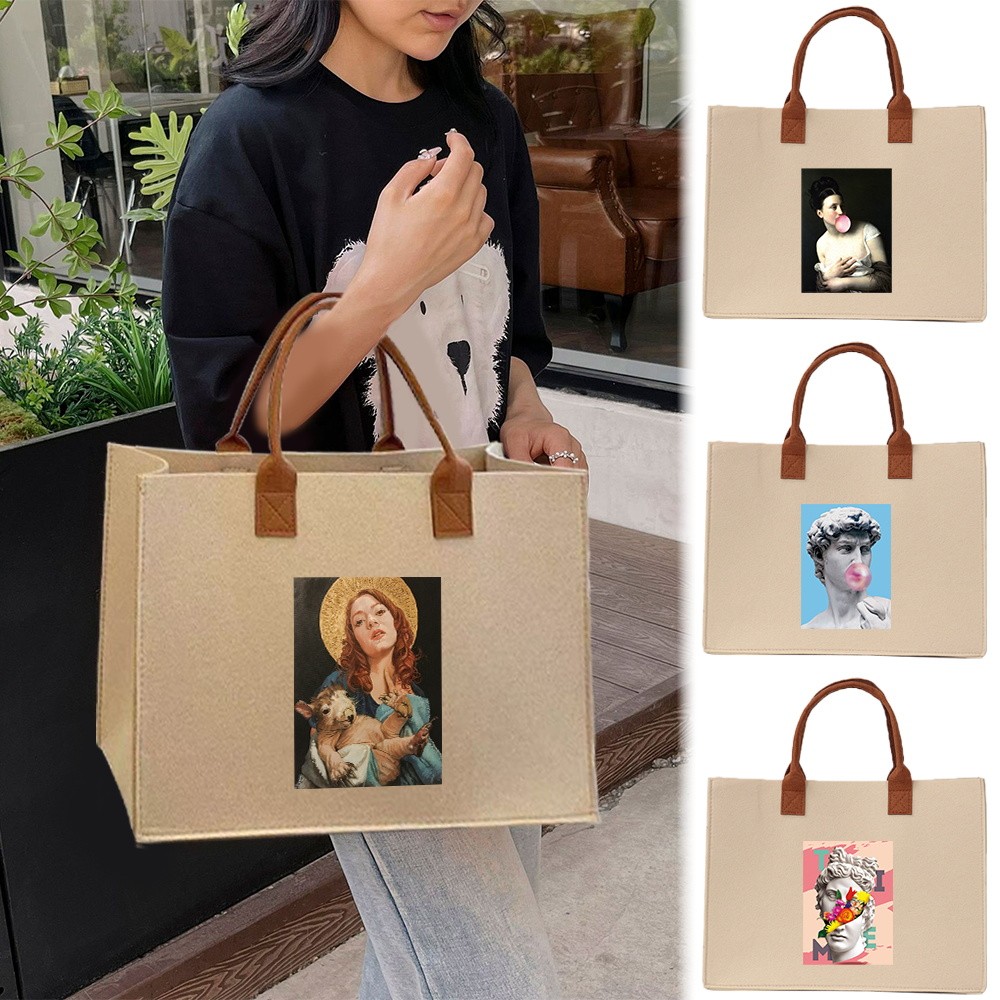 Large felt tote bag Felt tote bag In stock 【Lowest price】 Exquisite print Commuter shopping bag Larg