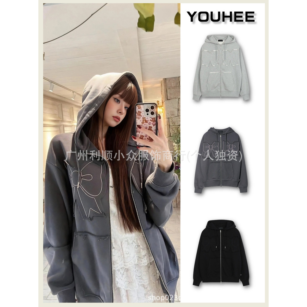 FRMZ youhee Bowknot Hooded Sweatshirt Autumn Winter Style jennie Same style college-style zip-up jac