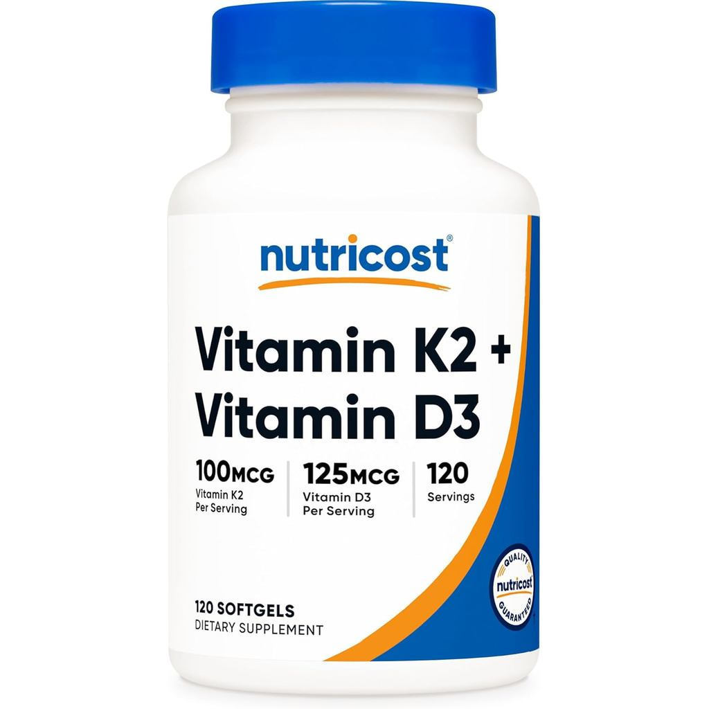 Nutricost Vitamin K2 (MK7) (100mcg) + Vitamin D3 (5000 IU) 120 Softgels - Không chứa Gluten và Không