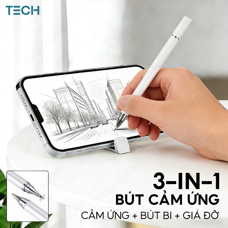 Bút Cảm Ứng Đa Năng 3 Trong 1 Stylus Hai Đầu Giá Đỡ Điện Thoại Viết Vẽ Mượt Cho Phone Tablet