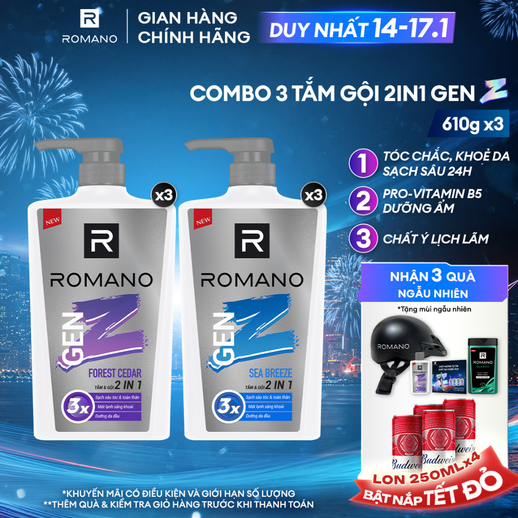 Combo 3 Tắm gội cho nam 2 trong 1 Romano Gen Z hương Sea Breeze/ Forest Cedar 610g/ chai - 2 mùi hươ