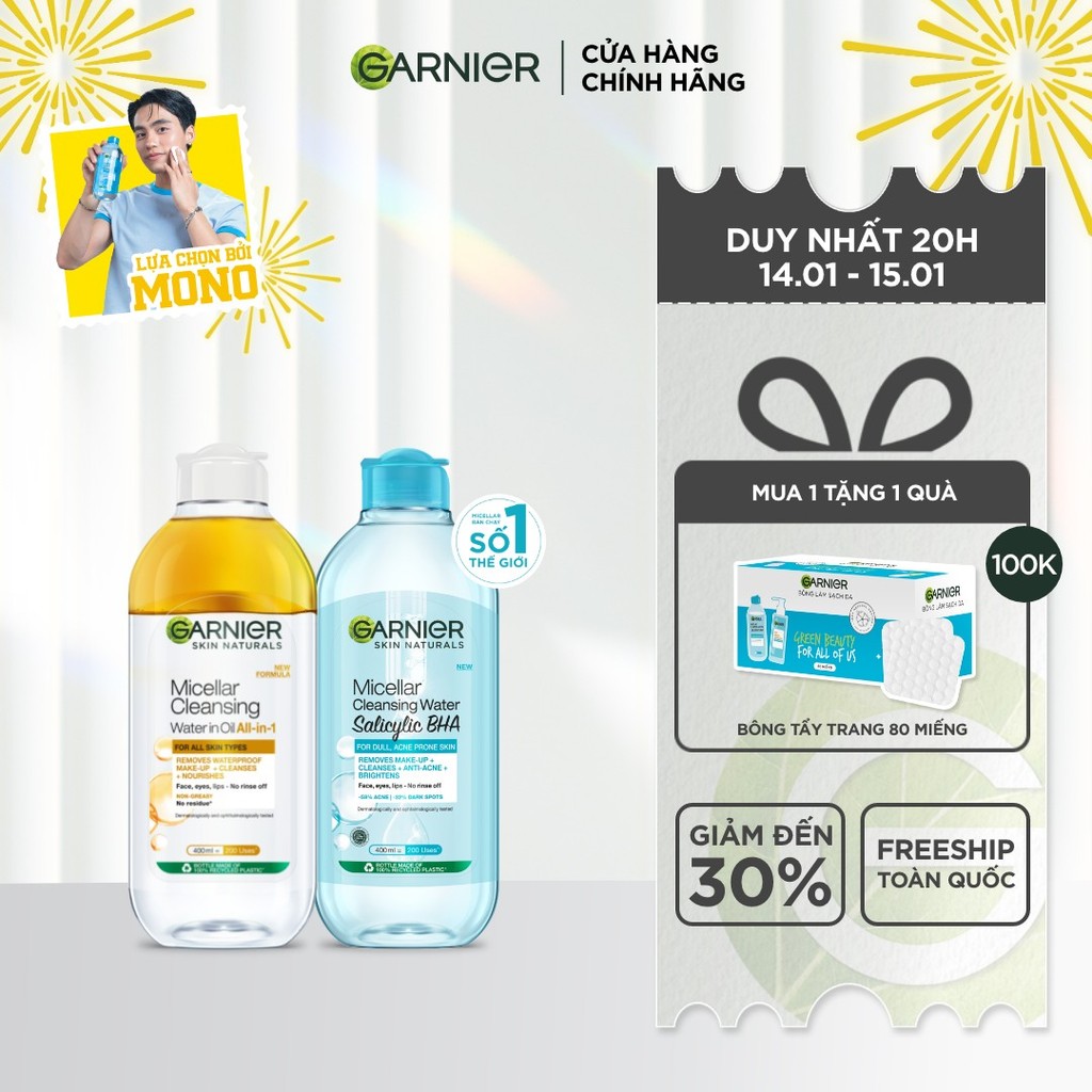 Bộ 2 Nước tẩy trang dành cho da dầu mụn & trang điểm Garnier Micellar Water (400mlX2)